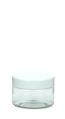 200 ml PET-Weithalstiegel 82 klar, rund (82 RTS) – Deckel weiß, glänzend, Dichtkonus