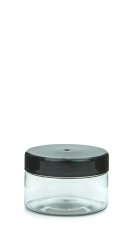 200 ml PET-Weithalstiegel 82 klar, rund (82 RTS) – Deckel schwarz, glänzend, Dichtkonus