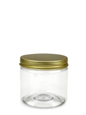 200 ml R-PET-Cylindrical Zylinderdose klar (70/400) – Alu-Deckel gold, matt, EPE-Einlage