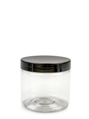 200 ml R-PET-Cylindrical Zylinderdose klar (70/400) – Deckel schwarz, glänzend, Dichtkonus
