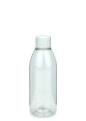 200 ml R-PET-Flasche transparent, Ø 50,4 mm, Schraubverschluss mit Spritzeinsatz weiß