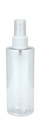 200 ml PETG-Flasche transparent, Ø 50 mm, Sprühzerstäuber weiß, geriffelt