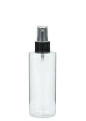 200 ml PETG-Flasche transparent, Ø 50 mm, Sprühzerstäuber schwarz, geriffelt