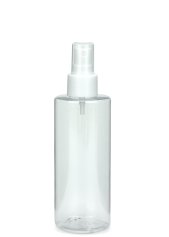200 ml PETG-Flasche transparent, Ø 50 mm, Sprühzerstäuber weiß, glatt