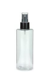 200 ml PETG-Flasche transparent, Ø 50 mm, Sprühzerstäuber schwarz, glatt