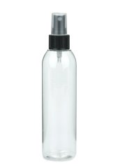 200 ml PET-Flasche transparent, Ø 45,8 mm, Sprühzerstäuber schwarz, geriffelt