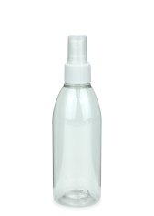 200 ml R-PET-Flasche transparent, Ø 50,4 mm, Sprühzerstäuber weiß, geriffelt