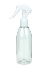 200 ml R-PET-Flasche transparent, Ø 50,4 mm, Mini-Trigger-Sprühzerstäuber weiß, glatt