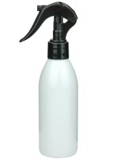 200 ml R-PET-Flasche weiß, Ø 50,4 mm, Mini-Trigger-Sprühzerstäuber schwarz, glatt