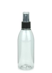 200 ml PET-Flasche transparent, Ø 50,4 mm, Sprühzerstäuber schwarz, geriffelt