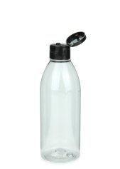 250 ml R-PET-Flasche transparent, Ø 54,5 mm, Klappverschluss schwarz