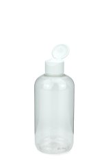 250 ml PET-Flasche transparent, Ø 58,0 mm, Klappverschluss, Softline matt weiß
