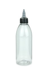 250 ml R-PET-Dosierflasche transparent, Ø 54,5 mm, On/Off-Verschluss (schwarz/transparent)