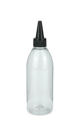 250 ml R-PET-Dosierflasche transparent, Ø 54,5 mm, Schraubkappe schwarz