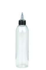 250 ml R-PET-Dosierflasche transparent, Ø 49,0 mm, On/Off-Verschluss (schwarz/transparent)