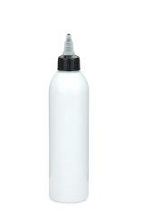 250 ml R-PET-Dosierflasche weiß, Ø 49,0 mm, On/Off-Verschluss (schwarz/transparent)
