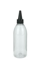 250 ml PET-Dosierflasche transparent, Ø 54,5 mm, Schraubkappe schwarz