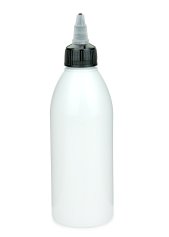 250 ml PET-Dosierflasche weiß, Ø 54,5 mm, On/Off-Verschluss (schwarz/transparent)