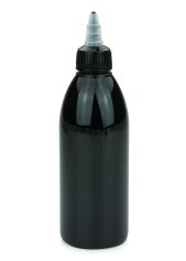 250 ml PET-Dosierflasche schwarz, Ø 54,5 mm, On/Off-Verschluss (schwarz/transparent)