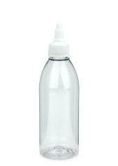 250 ml PET-Dosierflasche transparent, Ø 54,5 mm, On/Off-Verschluss weiß