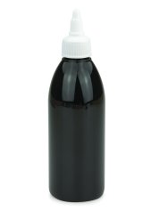 250 ml PET-Dosierflasche schwarz, Ø 54,5 mm, On/Off-Verschluss weiß