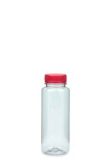 250 ml PET-Weithals-Smoothie-Flasche transparent, Ø 52,0 mm, Verschluss rot
