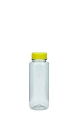 250 ml PET-Weithals-Smoothie-Flasche transparent, Ø 52,0 mm, Verschluss gelb