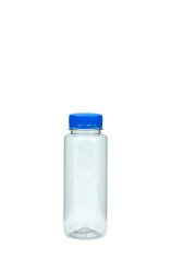 250 ml R-PET-Smoothie-Flasche transparent, Ø 52,0 mm, Verschluss blau