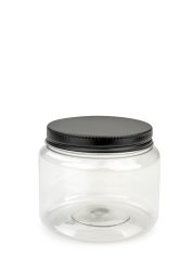 250 ml PET-Classic Tiegel klar (70/400) – Alu-Deckel schwarz-silber, matt, EPE-Einlage
