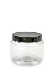 250 ml PET-Classic Tiegel klar (70/400) – Deckel schwarz, glänzend, EPE-Einlage