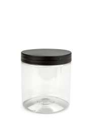 250 ml PET-Cylindrical Zylinderdose klar (70/400) – Deckel schwarz, matt, Dichtkonus