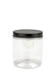 250 ml PET-Cylindrical Zylinderdose klar (70/400) – Alu-Deckel schwarz-silber, matt, EPE-Einlage