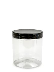 250 ml PET-Cylindrical Zylinderdose klar (70/400) – Deckel schwarz, glänzend, EPE-Einlage
