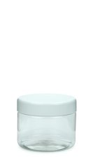 250 ml PET-Weithalstiegel 82 klar, rund (82 RTS) – Deckel weiß, glänzend, Dichtkonus