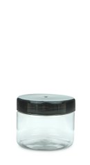 250 ml PET-Weithalstiegel 82 klar, rund (82 RTS) – Deckel schwarz, glänzend, Dichtkonus