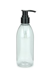 250 ml R-PET-Flasche transparent, Ø 54,5 mm, Seifenpumpe schwarz