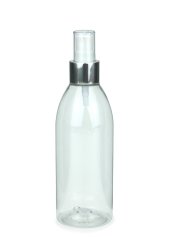 250 ml R-PET-Flasche transparent, Ø 54,5 mm, Lotionpumpe weiß/Metall