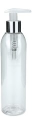 250 ml R-PET-Flasche transparent, Ø 49,0 mm, Seifenpumpe natur/Metall