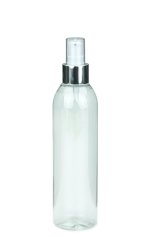 250 ml R-PET-Flasche transparent, Ø 49,0 mm, Lotionpumpe weiß/Metall