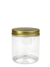 250 ml R-PET-Cylindrical Zylinderdose klar (70/400) – Alu-Deckel gold, matt, EPE-Einlage