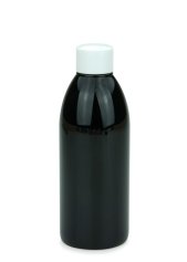 250 ml PET-Flasche schwarz, Ø 54,5 mm, Schraubverschluss mit Spritzeinsatz weiß