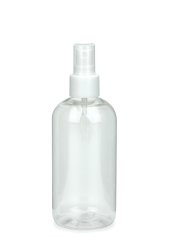 250 ml PET-Flasche transparent, Ø 58 mm, Sprühzerstäuber weiß, glatt