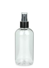250 ml PET-Flasche transparent, Ø 58 mm, Sprühzerstäuber schwarz, glatt