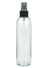250 ml PET-Flasche transparent, Ø 49 mm, Sprühzerstäuber schwarz, geriffelt