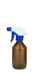 250 ml PET-Flasche braun, Ø 63 mm, Trigger-Sprühpistole, Einzelmodus blau, geriffelt