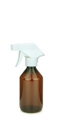 250 ml PET-Flasche braun, Ø 63 mm, Trigger-Sprühpistole, Einzelmodus weiß, geriffelt