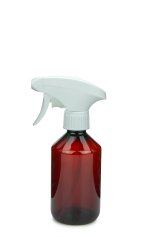 250 ml PET-Flasche braun, Ø 63 mm, Metallfreie Trigger-Sprühpistole weiß, geriffelt