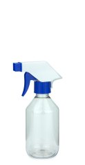 250 ml PET-Flasche transparent, Ø 63 mm, Trigger-Sprühpistole, Einzelmodus blau, geriffelt
