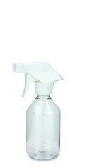 250 ml PET-Flasche transparent, Ø 63 mm, Trigger-Sprühpistole, Einzelmodus weiß, geriffelt