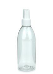 250 ml R-PET-Flasche transparent, Ø 54,5 mm, Sprühzerstäuber weiß, geriffelt